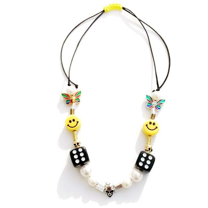 Stainless Steel Chic Smile Face and Dice Charm Necklace - ArtGalleryZen