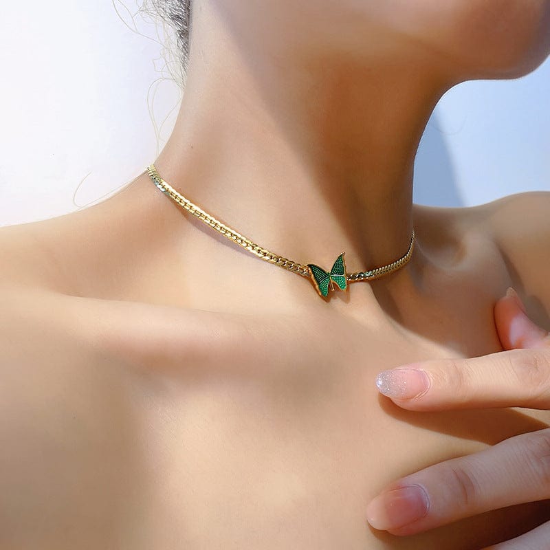 Stainless Steel Gold Plated Enamel Butterfly Necklace - ArtGalleryZen