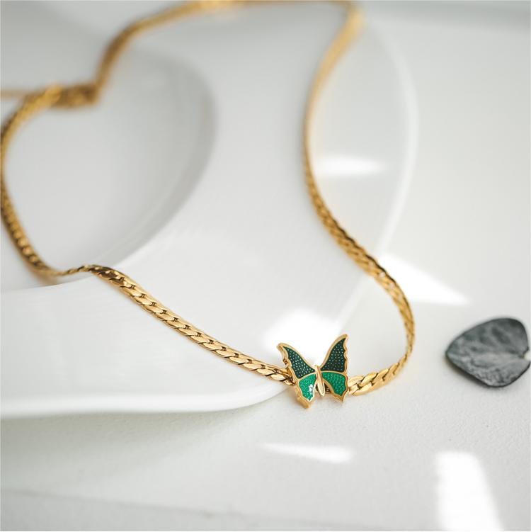 Stainless Steel Gold Plated Enamel Butterfly Necklace - ArtGalleryZen