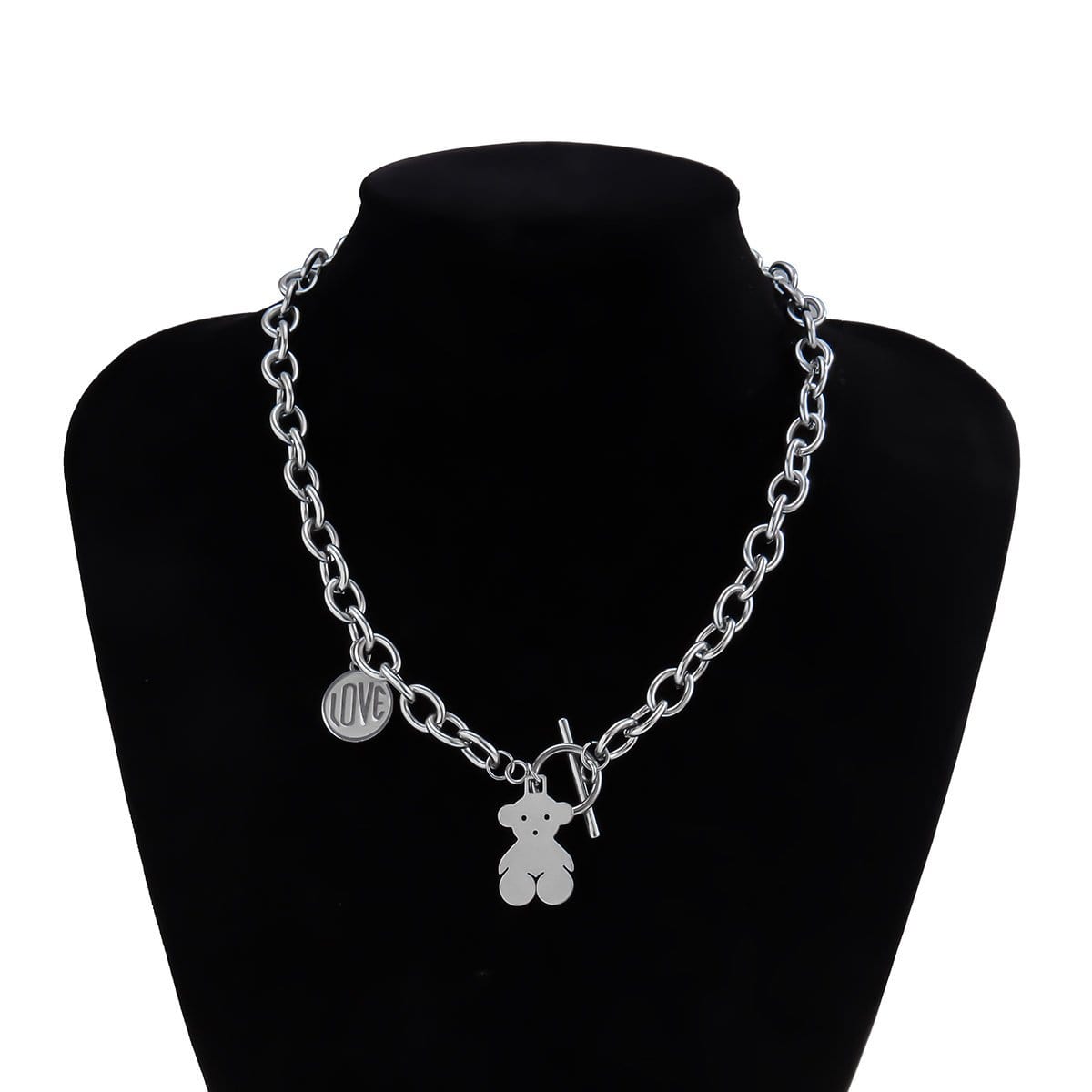 Stainless Steel Hip Hop Toggle Clasp Bear Charm Curb Link Chain Necklace - ArtGalleryZen