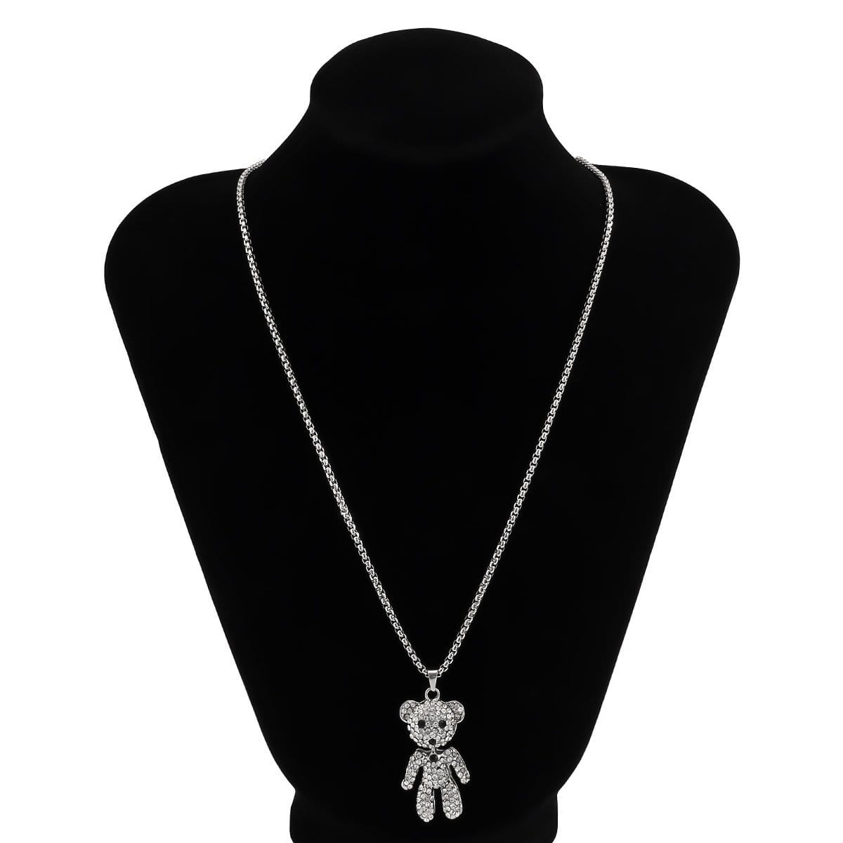 Stainless Steel Iced Out Teddy Bear Pendant Sweater Chain Necklace - ArtGalleryZen