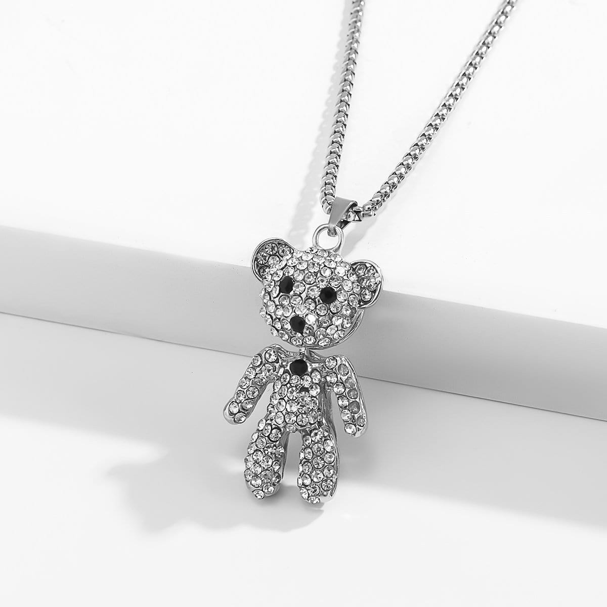 Stainless Steel Iced Out Teddy Bear Pendant Sweater Chain Necklace - ArtGalleryZen