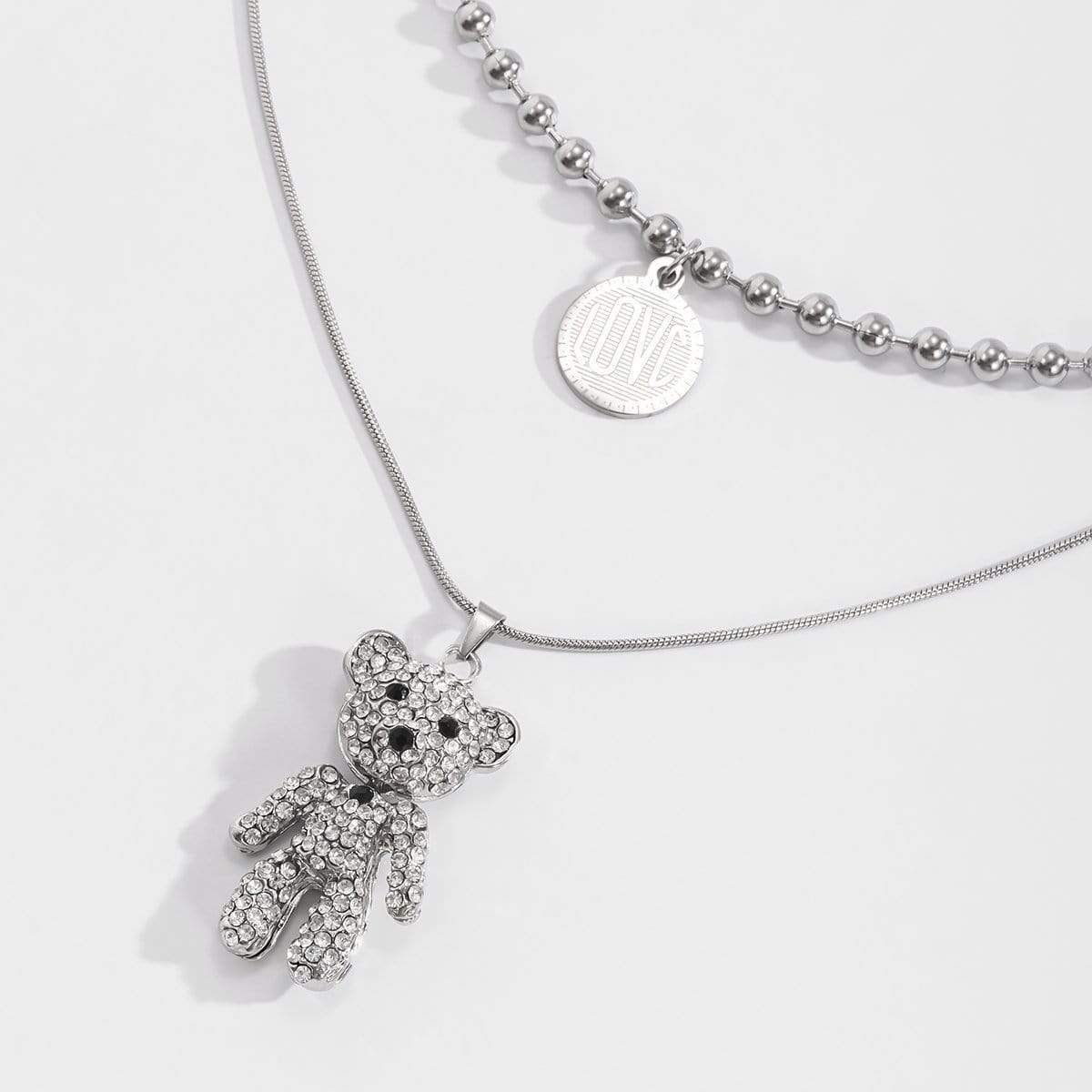 Stainless Steel Layered Crystal Bear & Coin Pendant Beaded Choker Necklace Set - ArtGalleryZen