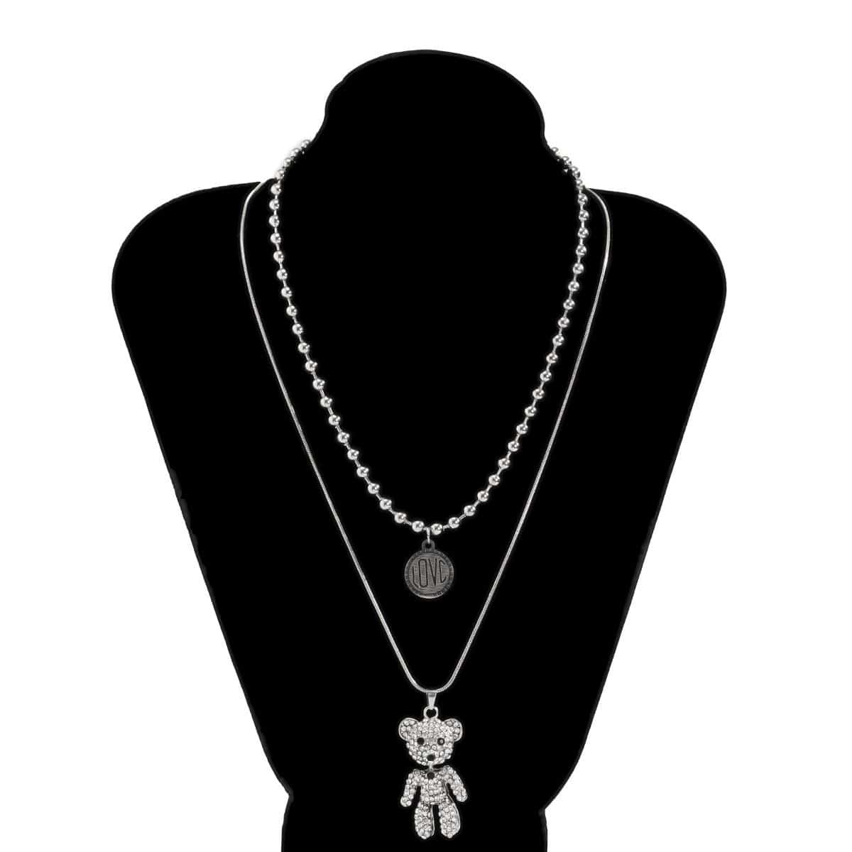 Stainless Steel Layered Crystal Bear & Coin Pendant Beaded Choker Necklace Set - ArtGalleryZen