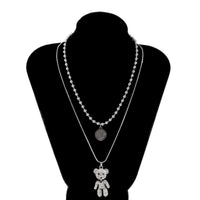 Thumbnail for Stainless Steel Layered Crystal Bear & Coin Pendant Beaded Choker Necklace Set - ArtGalleryZen