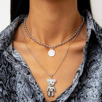 Thumbnail for Stainless Steel Layered Crystal Bear & Coin Pendant Beaded Choker Necklace Set - ArtGalleryZen