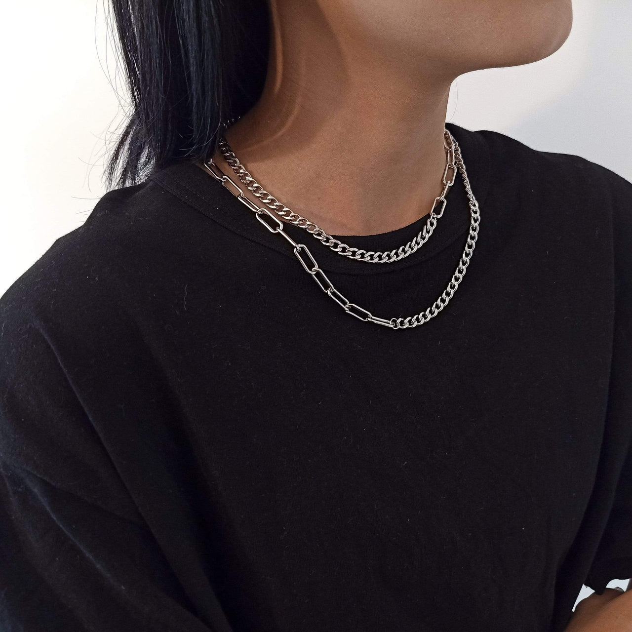 Stainless Steel Layered Curb Link Chain Necklace Set - ArtGalleryZen