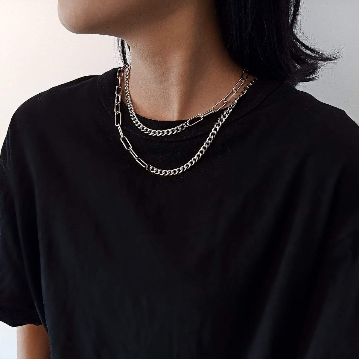 Stainless Steel Layered Curb Link Chain Necklace Set - ArtGalleryZen