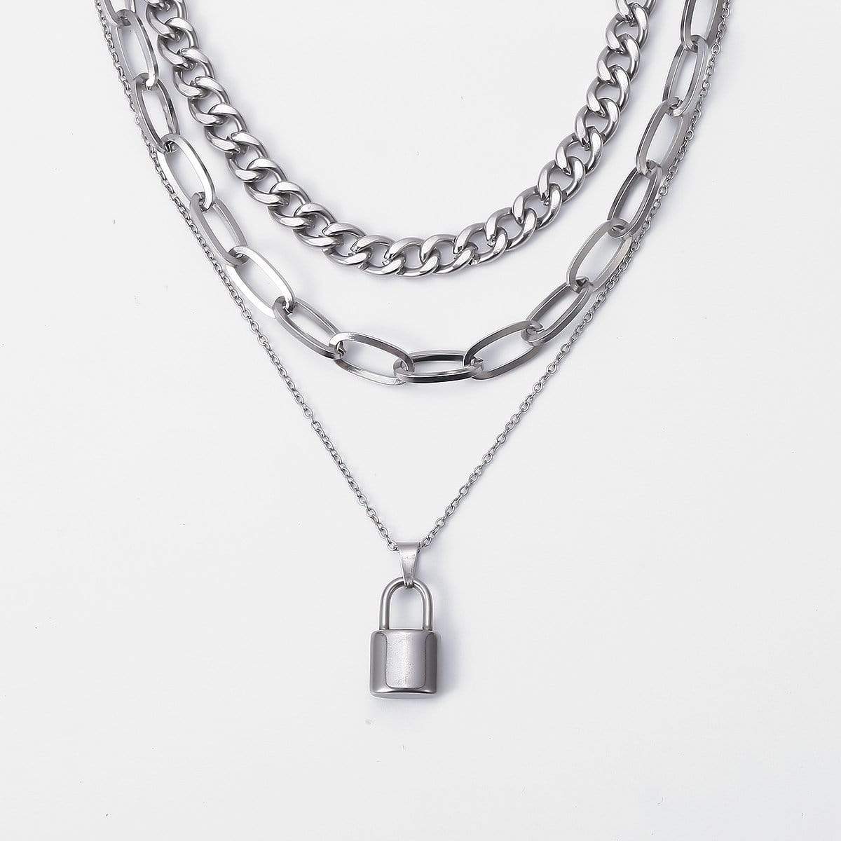Stainless Steel Punk Style Layered Lock Pendant Choker Necklace Set - ArtGalleryZen