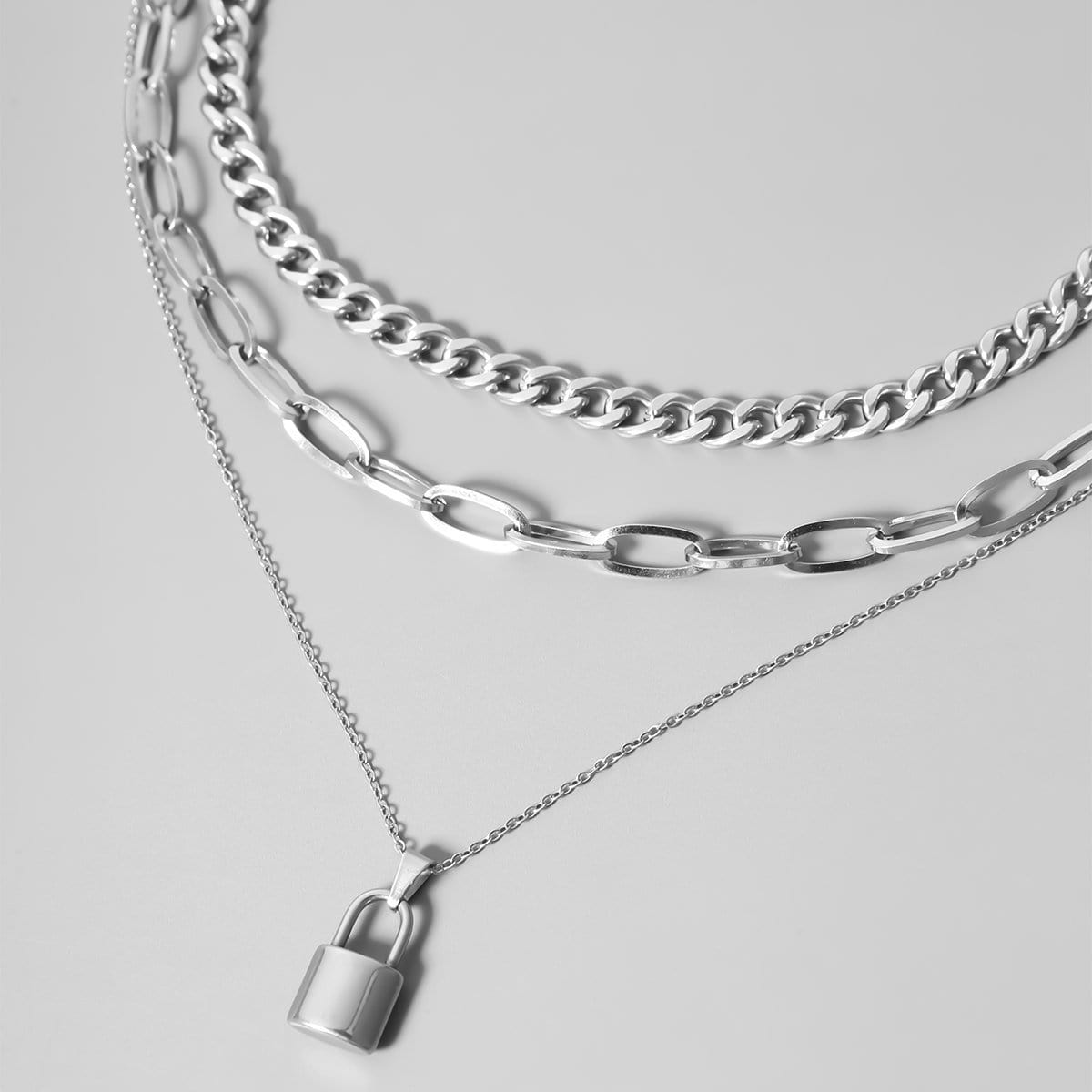 Stainless Steel Punk Style Layered Lock Pendant Choker Necklace Set - ArtGalleryZen