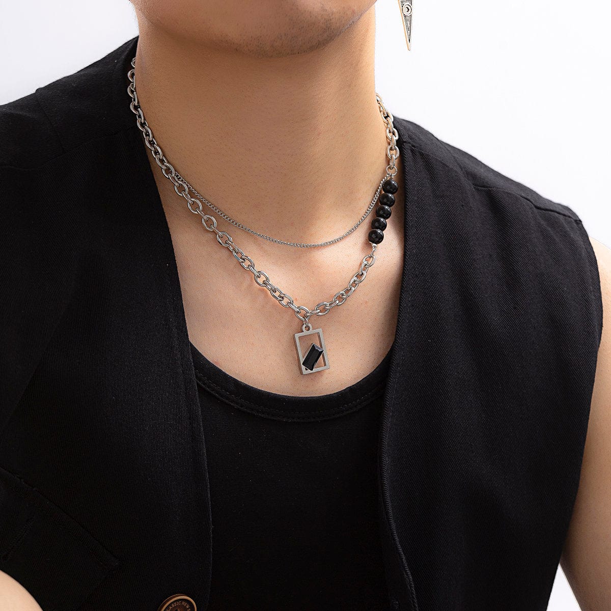 Stainless Steel Rhinestone Inlaid Square Pendant Ball Charm Curb Cable Chain Necklace - ArtGalleryZen