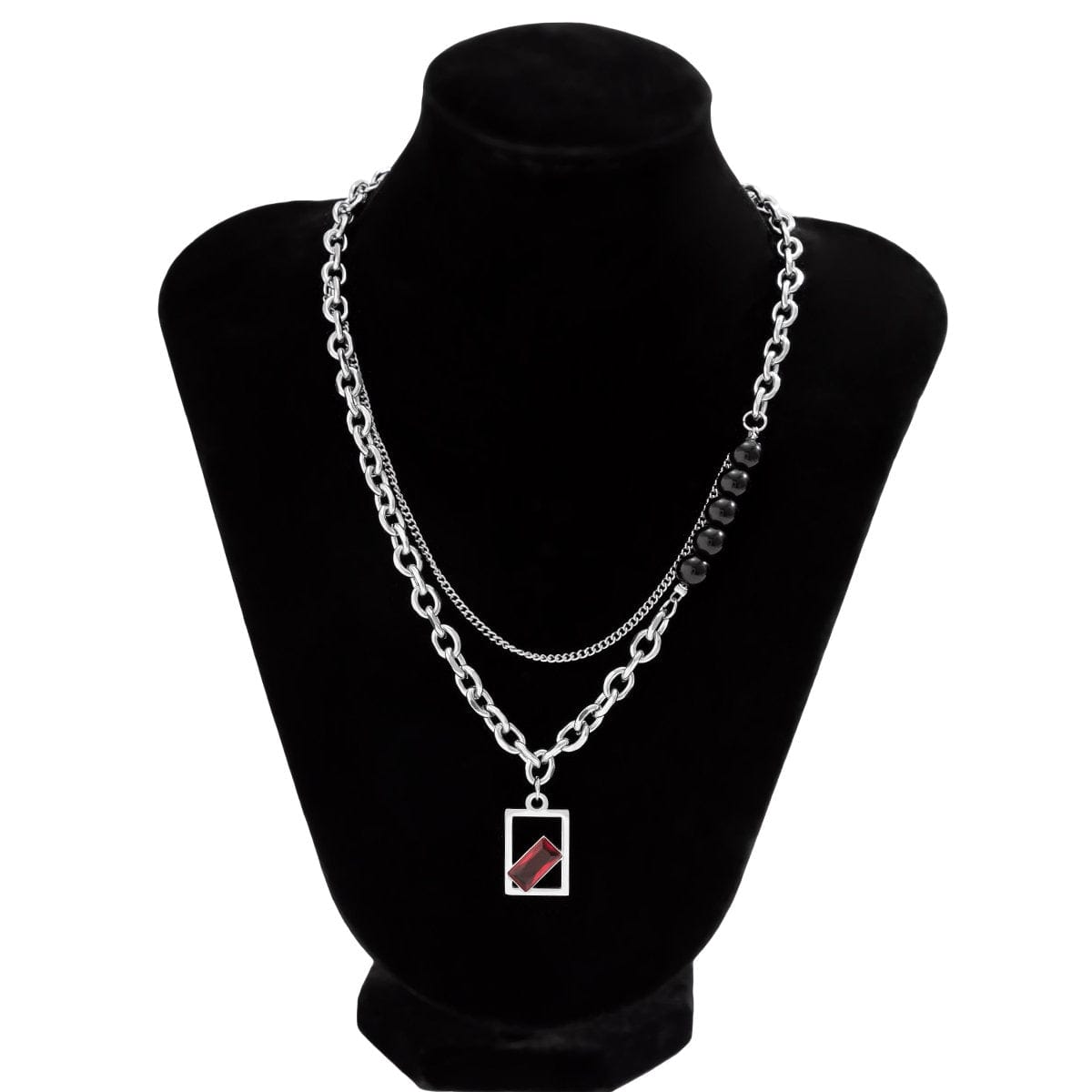Stainless Steel Rhinestone Inlaid Square Pendant Ball Charm Curb Cable Chain Necklace - ArtGalleryZen