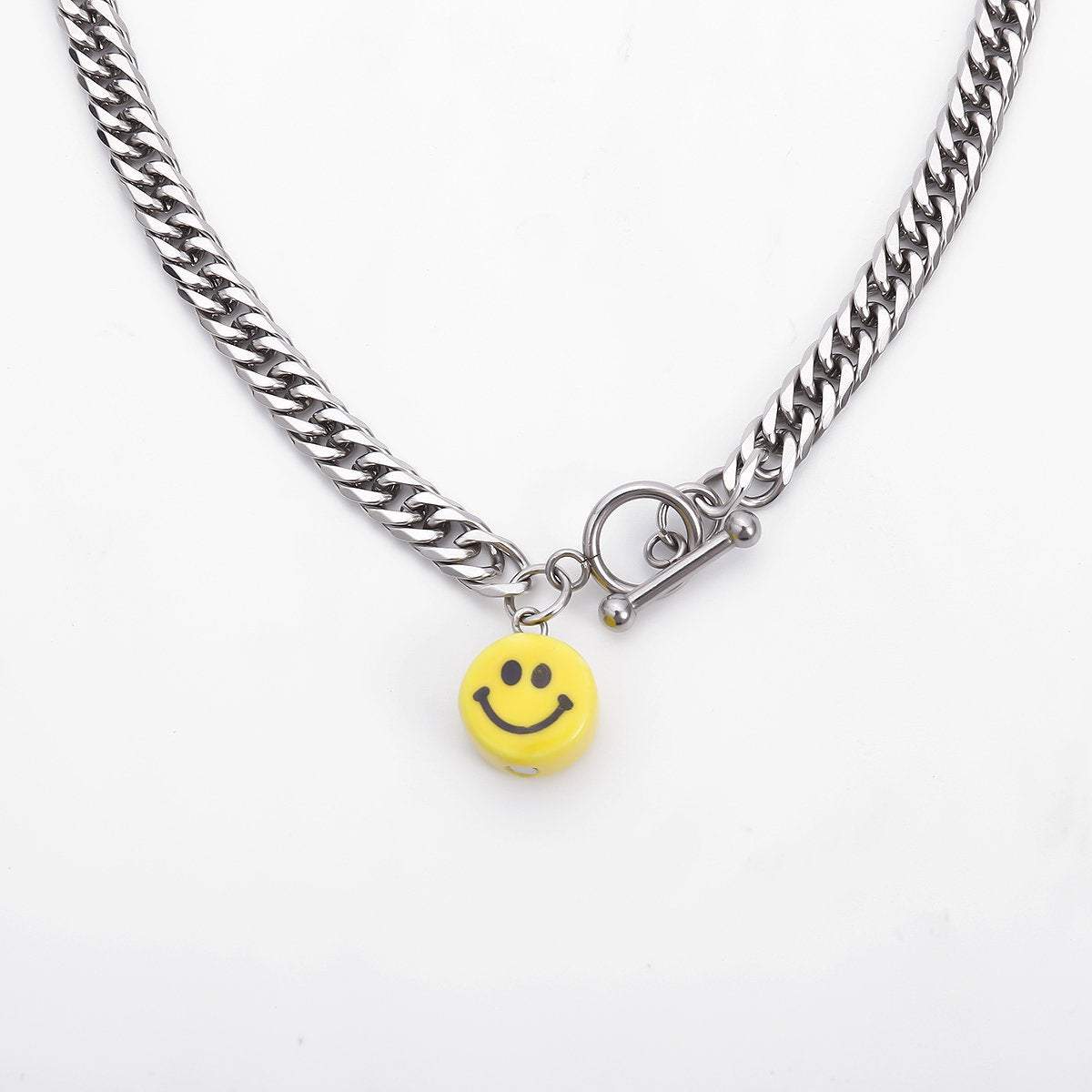 Stainless Steel Smile Face Toggle Clasp Curb Link Chain Necklace - ArtGalleryZen