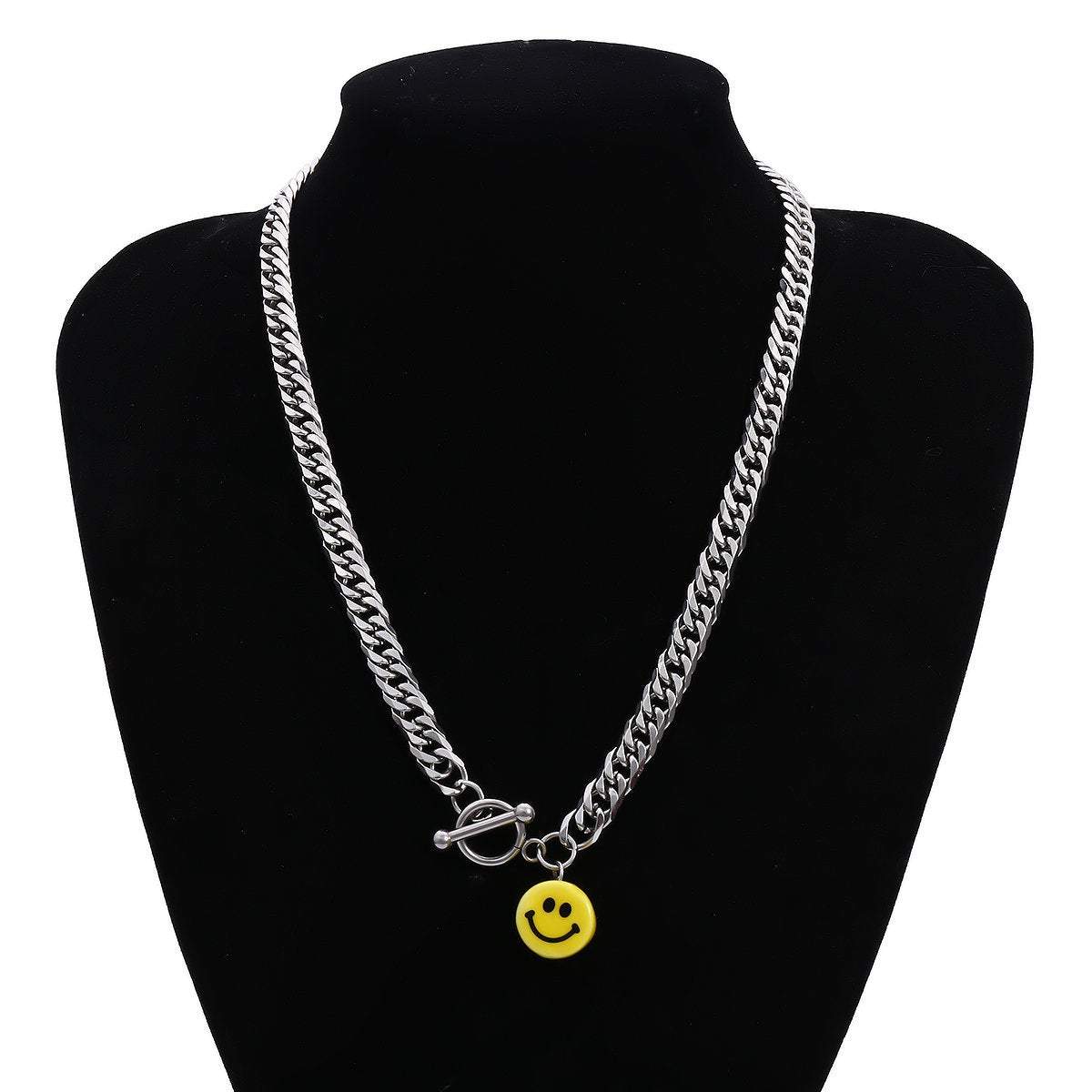 Stainless Steel Smile Face Toggle Clasp Curb Link Chain Necklace - ArtGalleryZen