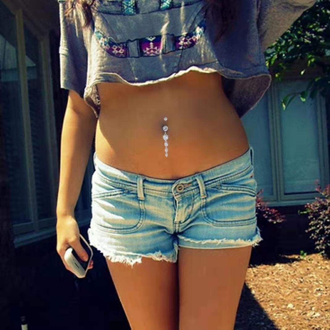 Surgical Stainless Steel Crystal Inlaid Heart Tassel Belly Piercing Navel Ring - ArtGalleryZen