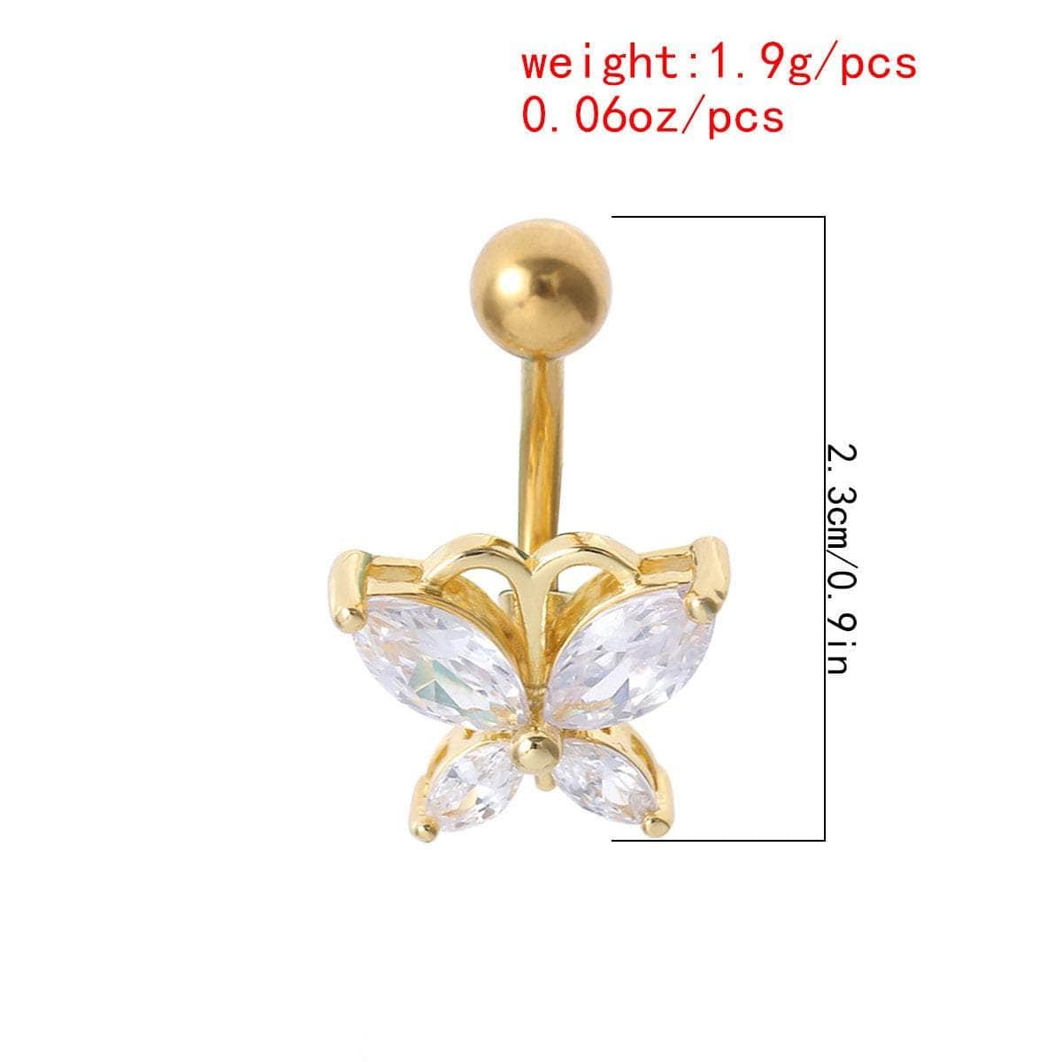 Surgical Stainless Steel Gold Tone Crystal Butterfly Navel Ring - ArtGalleryZen