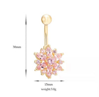 Thumbnail for Surgical Stainless Steel Pink Crystal Floral Piercing Barbell Navel Ring - ArtGalleryZen