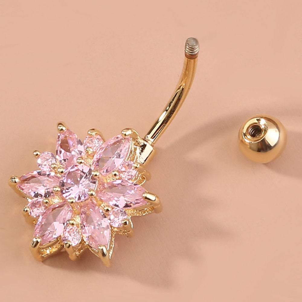 Surgical Stainless Steel Pink Crystal Floral Piercing Barbell Navel Ring - ArtGalleryZen