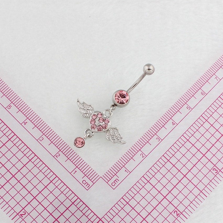 Surgical Stainless Steel Pink Rhinestone Inlaid Heart Wing Dangle Navel Ring - ArtGalleryZen