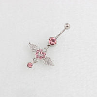 Thumbnail for Surgical Stainless Steel Pink Rhinestone Inlaid Heart Wing Dangle Navel Ring - ArtGalleryZen
