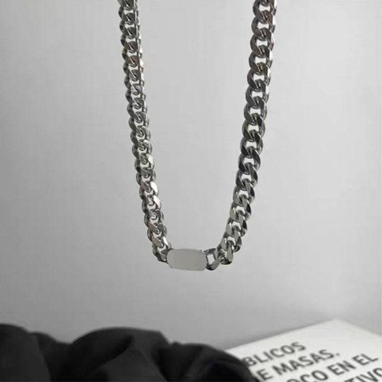 Titanium Steel Bar Charm Curb Chain Choker Necklace - ArtGalleryZen