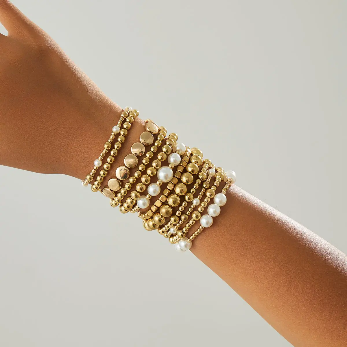 12 Pcs Minimalist Gold Silver Tone Pearl Beaded Chain Bracelet Set - ArtGalleryZen