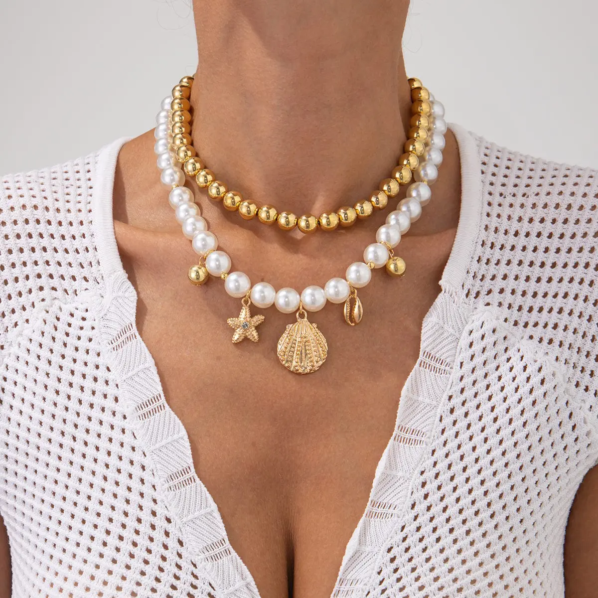 2 Pcs Conch Shell Starfish Pendant Pearl Chain Necklace Set - ArtGalleryZen