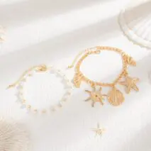 2 Pcs Shell Conch Starfish Charm Pearl Chain Anklet Set - ArtGalleryZen