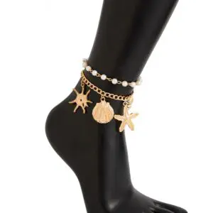 2 Pcs Shell Conch Starfish Charm Pearl Chain Anklet Set - ArtGalleryZen