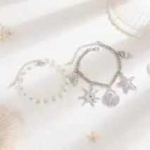 2 Pcs Shell Conch Starfish Charm Pearl Chain Anklet Set - ArtGalleryZen