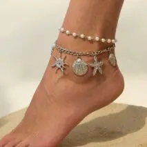 2 Pcs Shell Conch Starfish Charm Pearl Chain Anklet Set - ArtGalleryZen