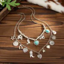 2 Pcs Turquoise Heart Boots Lucky Horseshoe Charm Necklace Set - ArtGalleryZen