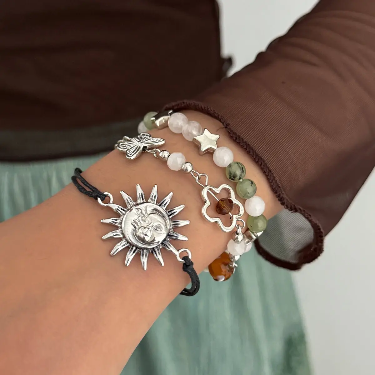 3 Pcs Boho Sun Mushroom Butterfly Charm Glass Beaded Bracelet Set - ArtGalleryZen