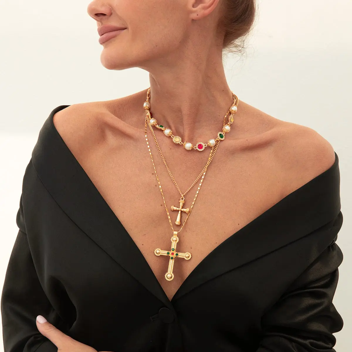 3 Pcs Gold Silver Tone Cross Pendant Pearl Crystal Pearl Chain Necklace Set - ArtGalleryZen