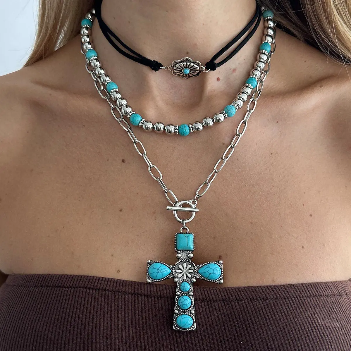 3 Pcs Toggle Clasp Turquoise Inlaid Cross Pendant Ball Chain Velvet Necklace Set - ArtGalleryZen