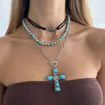 3 Pcs Toggle Clasp Turquoise Inlaid Cross Pendant Ball Chain Velvet Necklace Set - ArtGalleryZen