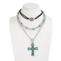 3 Pcs Toggle Clasp Turquoise Inlaid Cross Pendant Ball Chain Velvet Necklace Set - ArtGalleryZen