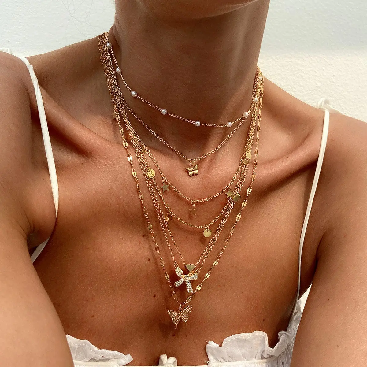 7 Pcs Rhinestone Inlaid Butterfly Star Sequin Tassel Pearl Chain Necklace Set - ArtGalleryZen
