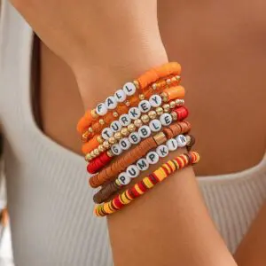 8 Pcs Thanksgiving Theme Crystal Letter Polymer Clay Beaded Stackable Bracelet Set - ArtGalleryZen