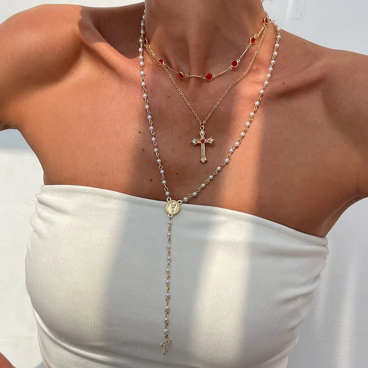 Baroque 3pcs Cross Pendant Pearl Crystal Chain Y Necklace Set - ArtGalleryZen