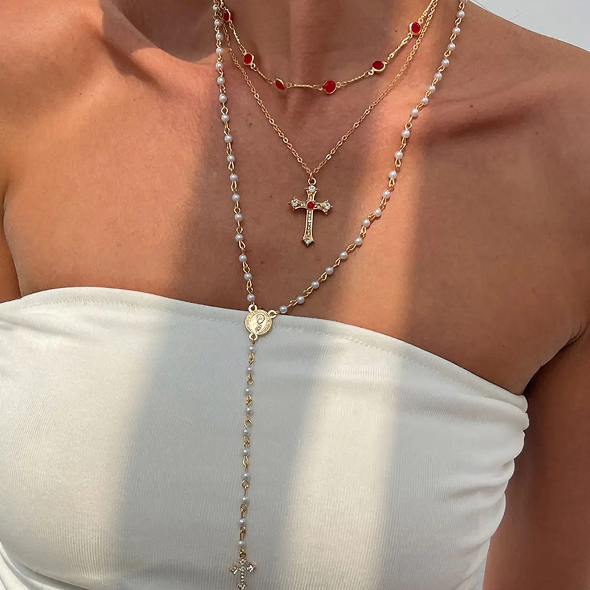 Baroque 3pcs Cross Pendant Pearl Crystal Chain Y Necklace Set - ArtGalleryZen