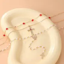 Baroque 3pcs Cross Pendant Pearl Crystal Chain Y Necklace Set - ArtGalleryZen