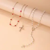 Baroque 3pcs Cross Pendant Pearl Crystal Chain Y Necklace Set - ArtGalleryZen