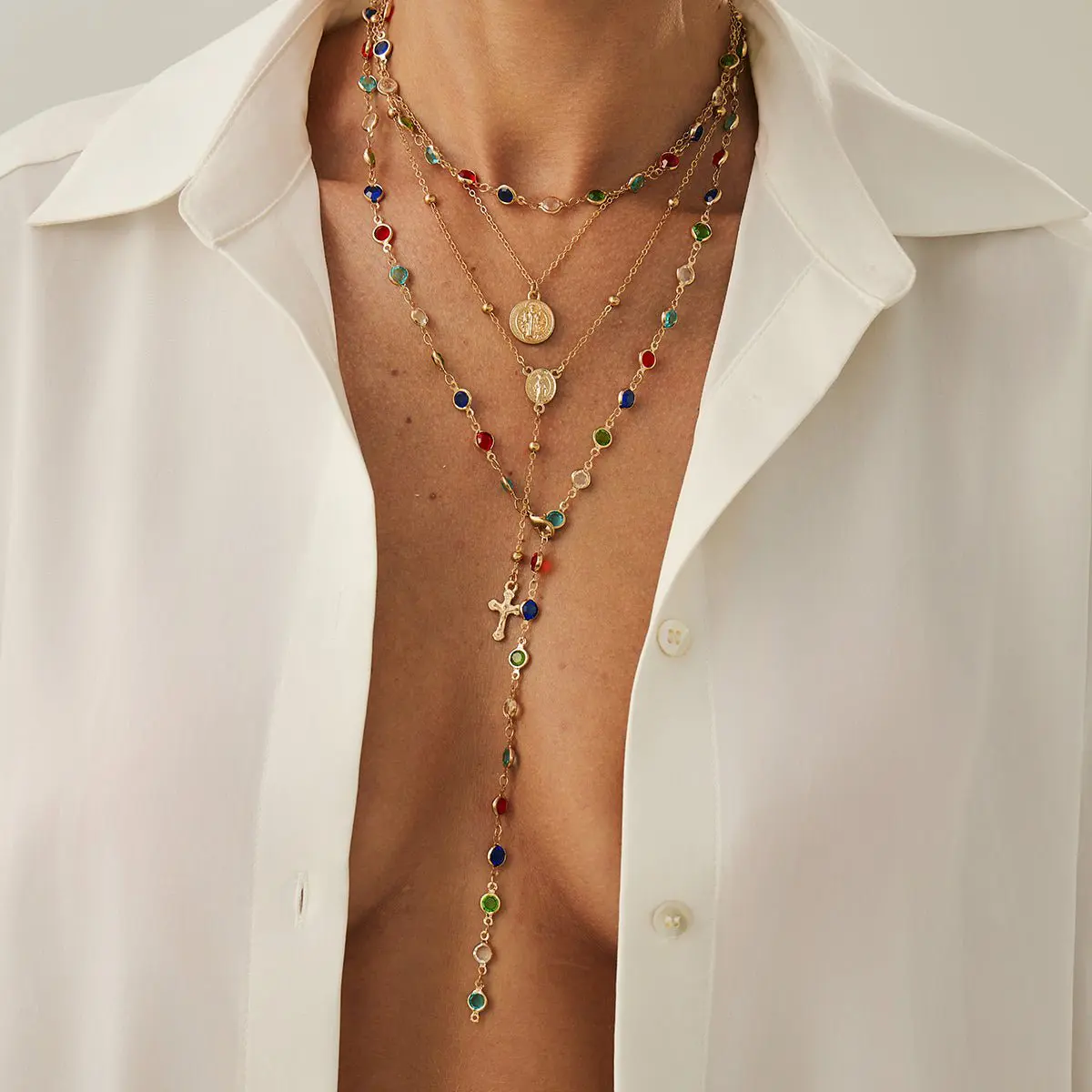 Baroque 4pcs Cross Round Disk Pendant Crystal Chain Y Necklace Set - ArtGalleryZen