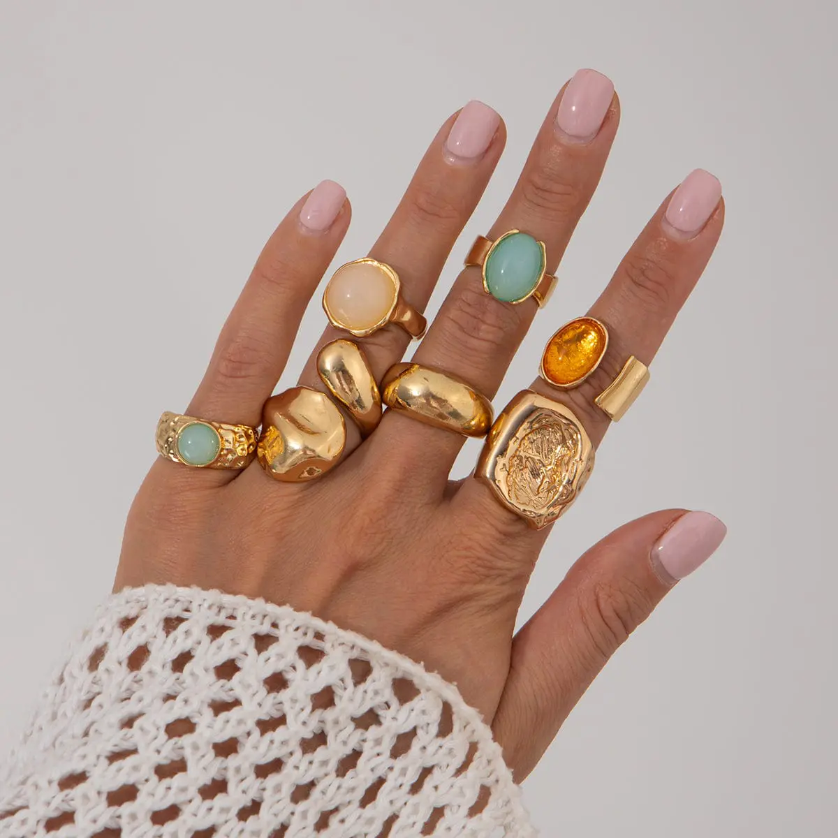 Baroque 7pcs Crystal Inlaid Chunky Textured Waterdrop Ring Set - ArtGalleryZen