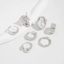 Baroque 7pcs Gold Silver Tone Pearl Inlaid Curved Ring Set - ArtGalleryZen