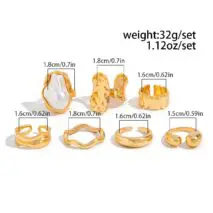 Baroque 7pcs Gold Silver Tone Pearl Inlaid Curved Ring Set - ArtGalleryZen