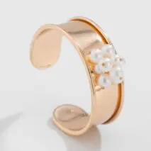 Baroque Glossy Pearl Charm Open Wide Cuff Bangle Bracelet Ring Set - ArtGalleryZen