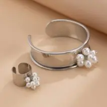 Baroque Glossy Pearl Charm Open Wide Cuff Bangle Bracelet Ring Set - ArtGalleryZen