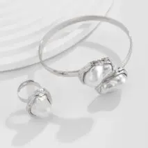 Baroque Irregular Pearl Inlaid Open Ring Bangle Bracelet Set - ArtGalleryZen